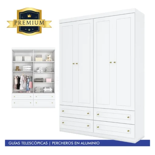 ROPERO 4 PUERTAS 4 CAJONES MOD AMERICANO BLANCO